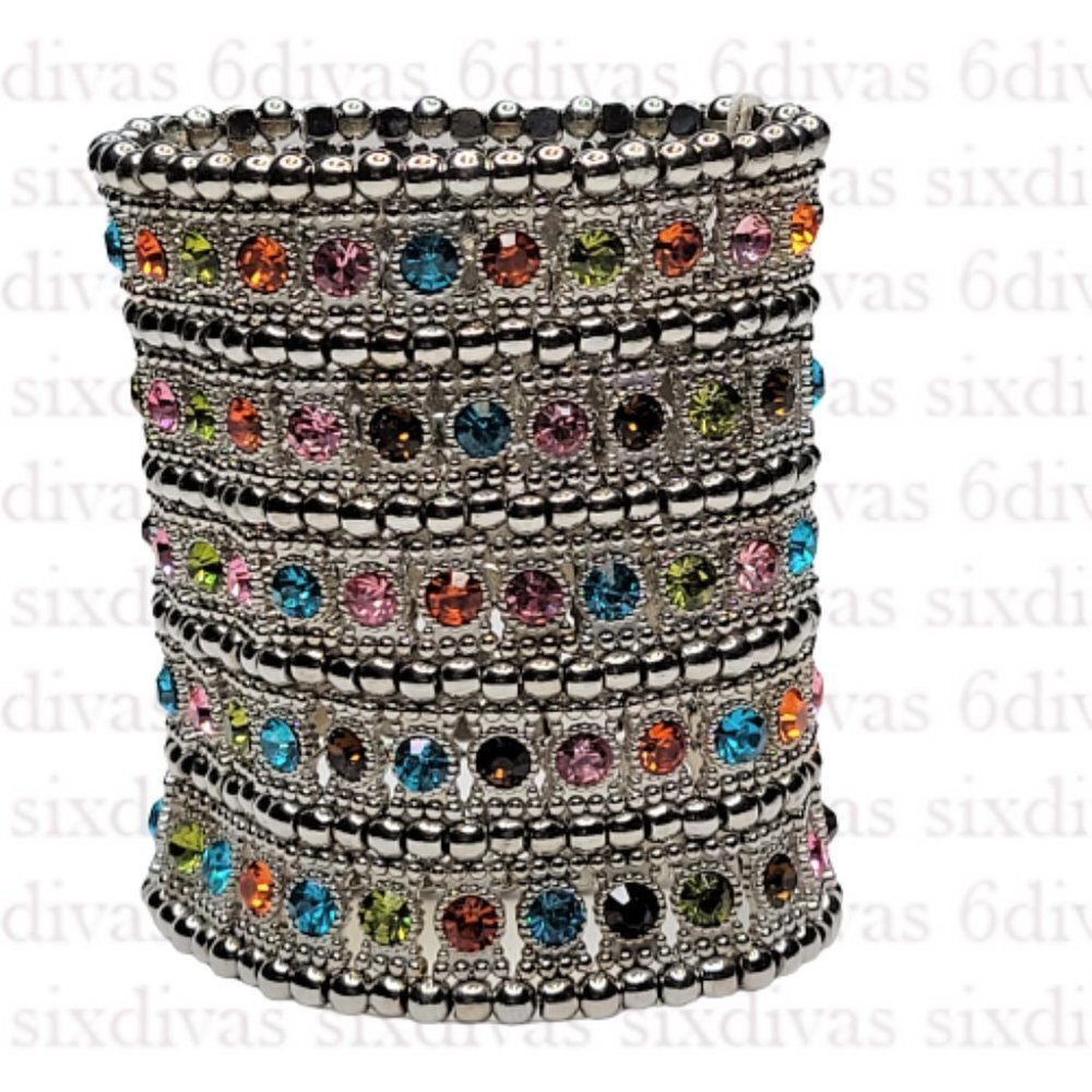 SPARKLING multicolor crystals multi layer stretch wide cuff bracelet
